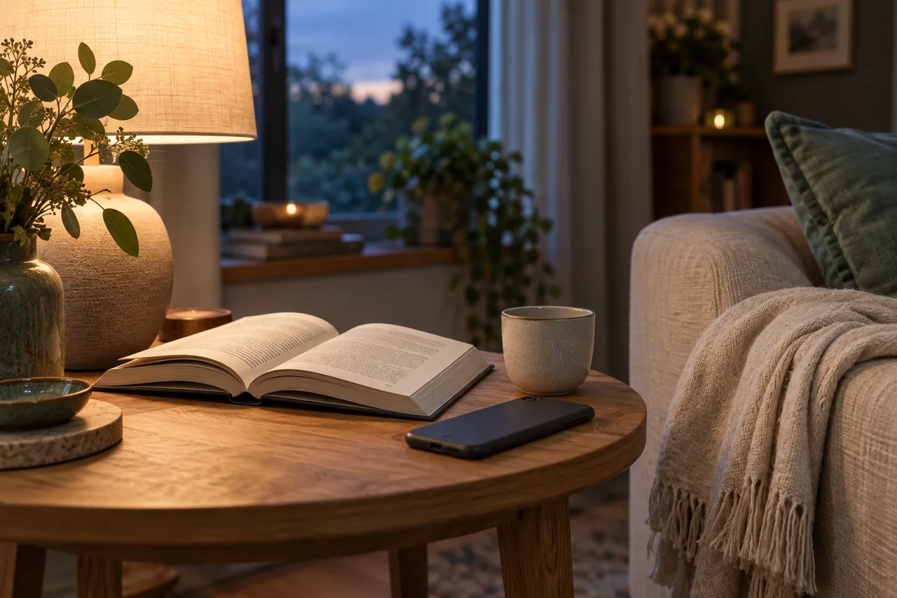 An open book, a plain cup, and a phone placed face down beside a warm evening lamp